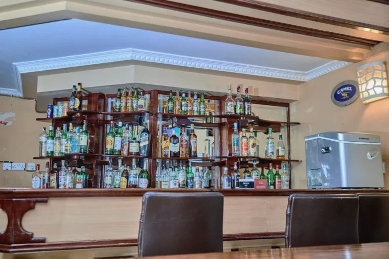Bar counter with backlit shelves of bottles